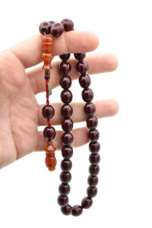 Dabbas İmzalı Beyzi Kesim Bordo Sıkma Kehribar Tesbih İri Boy