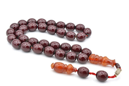 Dabbas İmzalı Beyzi Kesim Bordo Sıkma Kehribar Tesbih İri Boy