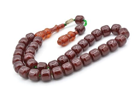 Dabbas İmzalı Fıçı Kesim Kahverengi Sıkma Kehribar Tesbih İri Boy