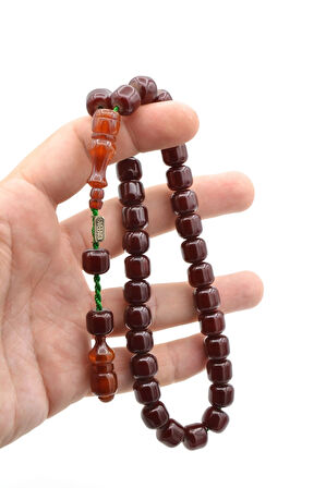 Dabbas İmzalı Fıçı Kesim Kahverengi Sıkma Kehribar Tesbih İri Boy