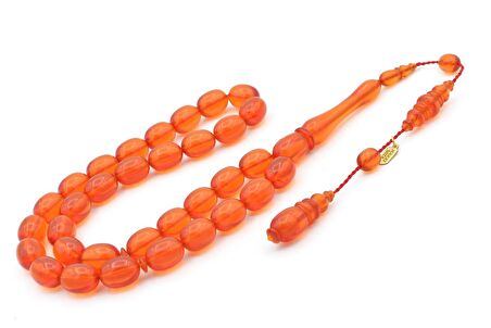 Hakkı Usta İmzalı Badem Kesim Turuncu Sıkma Kehribar Tesbih