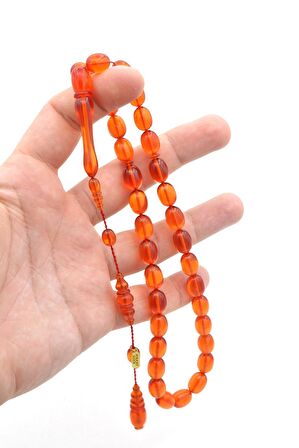 Hakkı Usta İmzalı Badem Kesim Turuncu Sıkma Kehribar Tesbih