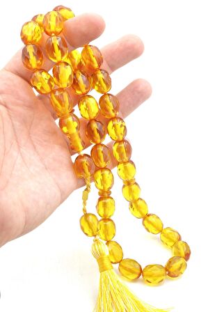 Hakkı Usta İmzalı Beyzi Kesim Fasetalı Dev Boy Sarı Sıkma Kehribar Tesbih 