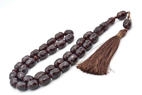 Hakkı Usta İmzalı Beyzi Kesim Fasetalı Dev Boy Kahverengi Sıkma Kehribar Tesbih 