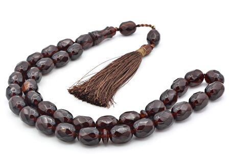 Hakkı Usta İmzalı Beyzi Kesim Fasetalı Dev Boy Kahverengi Sıkma Kehribar Tesbih 