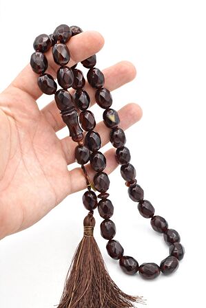 Hakkı Usta İmzalı Beyzi Kesim Fasetalı Dev Boy Kahverengi Sıkma Kehribar Tesbih 