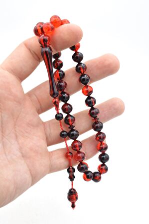 Usta İşi Sistemli Sığırcık Kesim Kırmızı Siyah Uçak Camı Tesbih