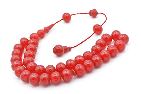 Usta İşi Sistemli Basık Küre Kesim Vişne Rengi Sıkma Kehribar Tesbih