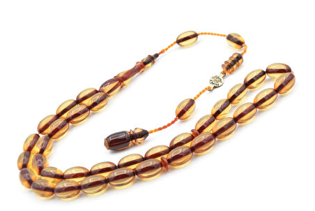 Ahmet Emin Usta İmzalı Badem Kesim Bej Sıkma Kehribar Tesbih