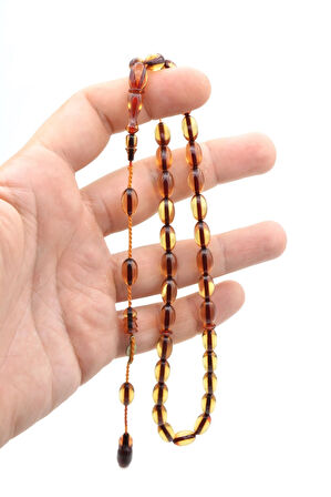 Ahmet Emin Usta İmzalı Badem Kesim Bej Sıkma Kehribar Tesbih