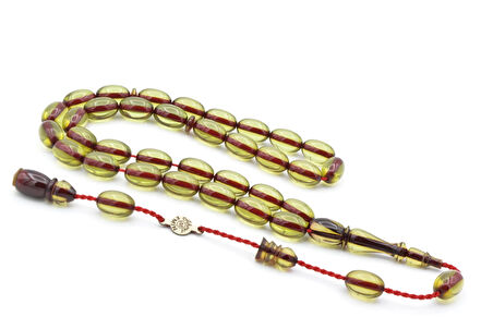 Ahmet Emin Usta İmzalı Badem Kesim Yeşil Sıkma Kehribar Tesbih