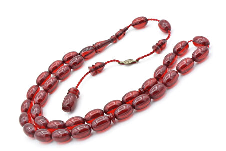 Ahmet Emin Usta İmzalı Badem Kesim Kırmızı Sıkma Kehribar Tesbih