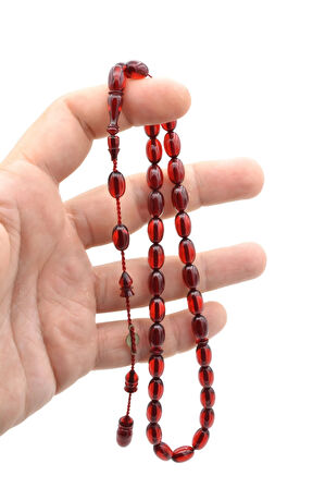 Ahmet Emin Usta İmzalı Badem Kesim Kırmızı Sıkma Kehribar Tesbih