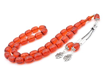 Şeffaf Delim Kapsül Kesim İri Boy Turuncu Ateş Kehribar Tesbih