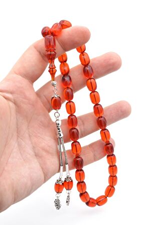 Şeffaf Delim Kapsül Kesim İri Boy Turuncu Ateş Kehribar Tesbih