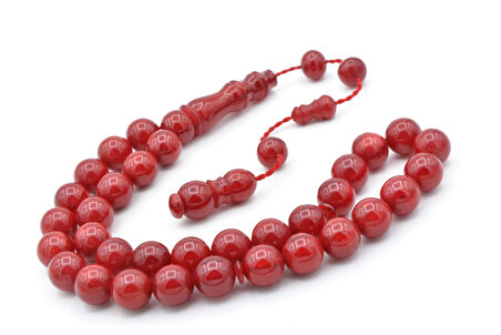 Usta İşi Küre Kesim Damarlı Kırmızı Sıkma Kehribar Tesbih