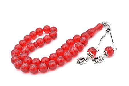 Gümüş Kaplama Püsküllü Küre Kırmızı Sıkma Kehribar Tesbih