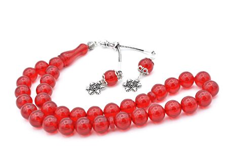 Gümüş Kaplama Püsküllü Küre Kırmızı Sıkma Kehribar Tesbih