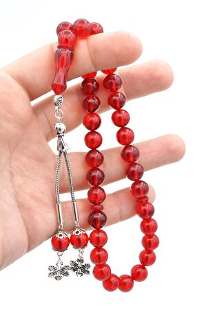 Gümüş Kaplama Püsküllü Küre Kırmızı Sıkma Kehribar Tesbih