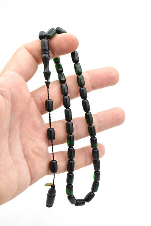 M.Tacir Usta İmzalı Kapsül Kesim Yeşil Siyah Sıkma Kehribar Tesbih