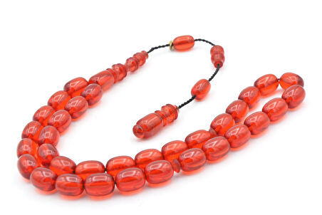 Hakkı Usta İmzalı Kapsül Kesim Kırmızı Sıkma Kehribar Tesbih