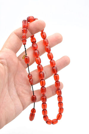 Hakkı Usta İmzalı Kapsül Kesim Kırmızı Sıkma Kehribar Tesbih