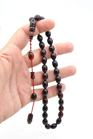 Hakkı Usta İmzalı Beyzi Kesim Siyah Kırmızı Sıkma Kehribar Tesbih