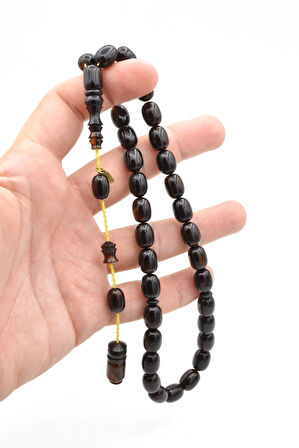 Hakkı Usta İmzalı Kapsül Kesim Siyah Sarı Sıkma Kehribar Tesbih