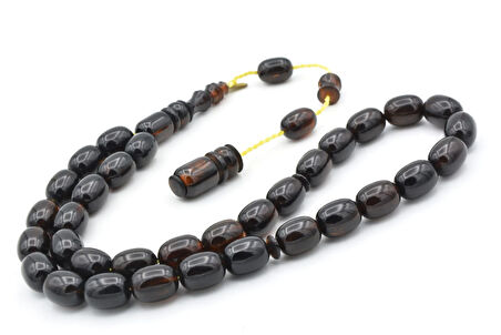 Hakkı Usta İmzalı Kapsül Kesim Siyah Sarı Sıkma Kehribar Tesbih