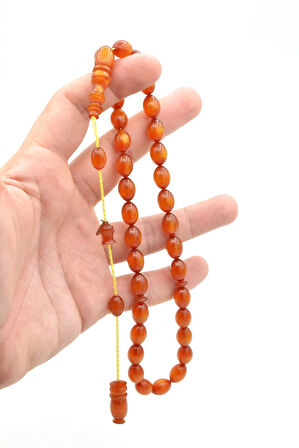 Hakkı Usta İmzalı Beyzi Kesim Simli Turuncu Sıkma Kehribar Tesbih