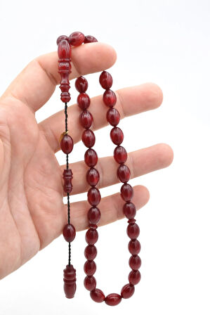 Hakkı Usta İmzalı Beyzi Kesim Simli Kırmızı Sıkma Kehribar Tesbih