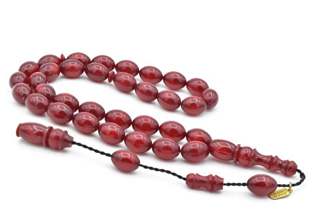 Hakkı Usta İmzalı Beyzi Kesim Simli Kırmızı Sıkma Kehribar Tesbih