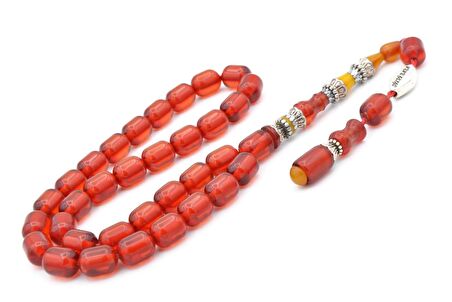 Pirinç Nakkaş İmameli Fıçı Kırmızı Sıkma Kehribar Tesbih