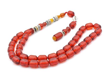 Pirinç Nakkaş İmameli Fıçı Kırmızı Sıkma Kehribar Tesbih