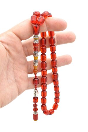 Pirinç Nakkaş İmameli Fıçı Kırmızı Sıkma Kehribar Tesbih