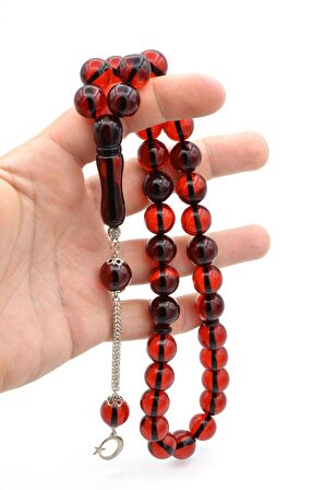 Kokulu İri Boy Küre Kesim Kırmızı Toz Kehribar Tesbih 14 Mm