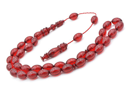 Usta İşçilikli Sistemli Beyzi Kesim Kırmızı Sıkma Kehribar Tesbih