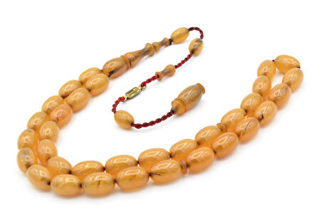 Ahmet Emin İmzalı Badem Kesim Hareli Beyaz Sıkma Kehribar Tesbih