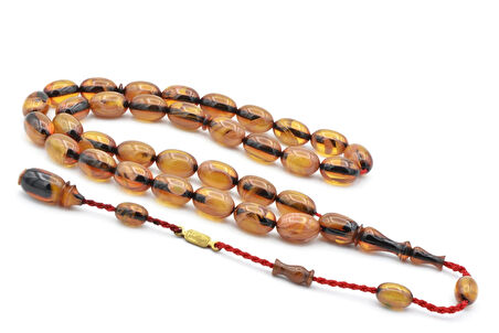 Ahmet Emin İmzalı Badem Kesim Hareli Sarı Sıkma Kehribar Tesbih