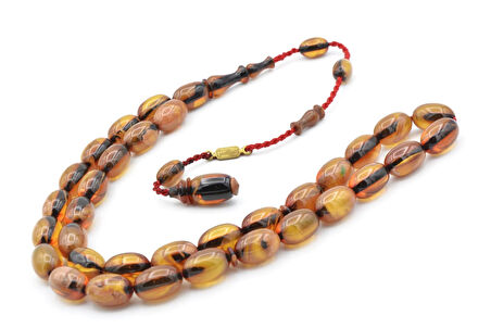 Ahmet Emin İmzalı Badem Kesim Hareli Sarı Sıkma Kehribar Tesbih