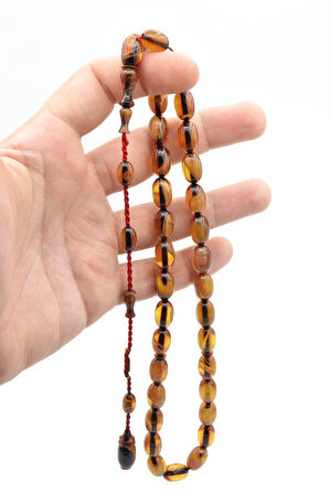 Ahmet Emin İmzalı Badem Kesim Hareli Sarı Sıkma Kehribar Tesbih