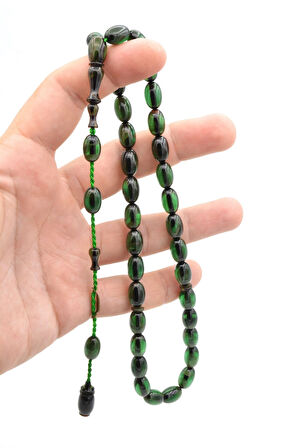 Ahmet Emin İmzalı Badem Kesim Hareli Yeşil Sıkma Kehribar Tesbih