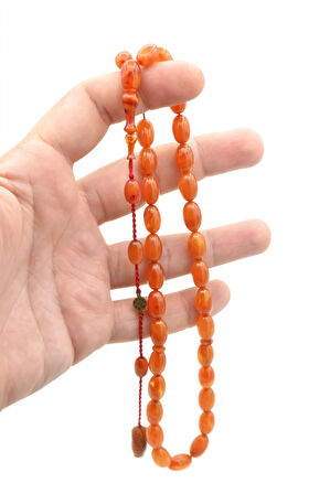 Ahmet Emin İmzalı Badem Kesim Hareli Bej Sıkma Kehribar Tesbih