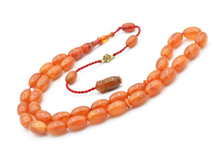 Ahmet Emin İmzalı Badem Kesim Hareli Bej Sıkma Kehribar Tesbih