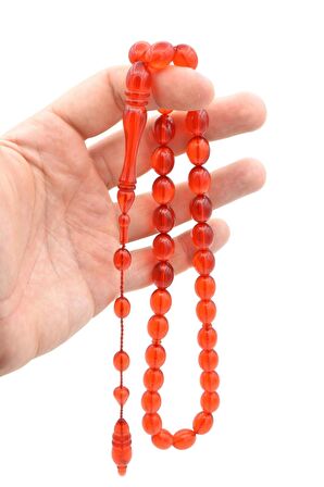 Sistemli Beyzi Kesim Dev Boy Açık Kırmızı Toz Pres Kehribar Tesbih