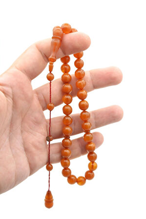 İsmail Karasapan İmzalı Küre Kesim Hareli Sarı Sıkma Kehribar Tesbih