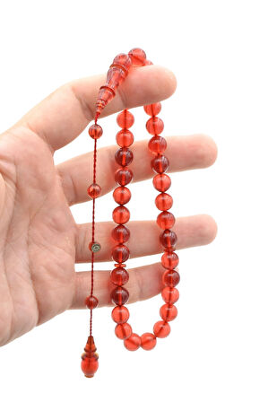 İsmail Karasapan İmzalı Küre Kesim Açık Kırmızı Sıkma Kehribar Tesbih