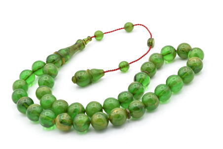 İsmail Karasapan İmzalı Küre Kesim Hareli Yeşil Sıkma Kehribar Tesbih