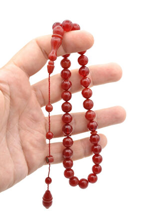 İsmail Karasapan İmzalı Küre Kesim Hareli Kırmızı Sıkma Kehribar Tesbih