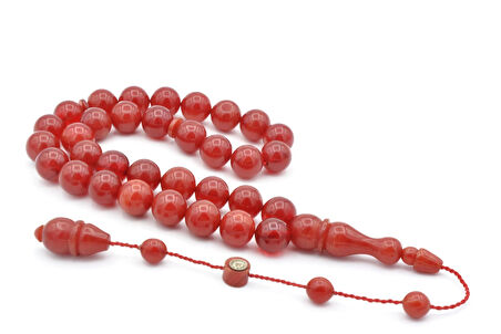 İsmail Karasapan İmzalı Küre Kesim Hareli Kırmızı Sıkma Kehribar Tesbih